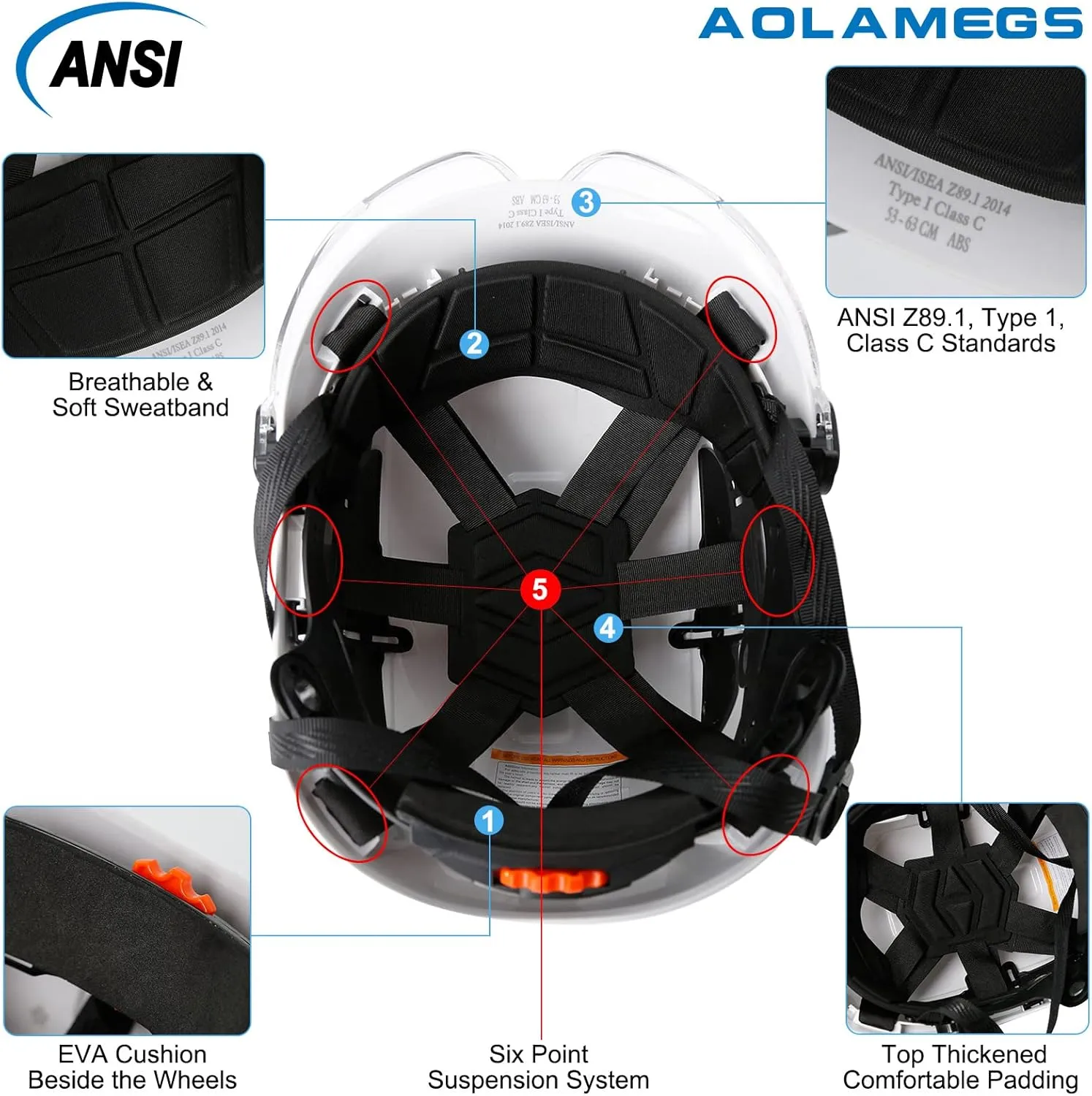 AOLAMEGS Construction Safety Hard Hat - ANSI Z89.1 Type Ι OSHA Approved Safety Helmets with Chin Straps Lightweight Reflective Vented ABS Hard Hats For Men Women Industrial Workwear 6-point Suspension