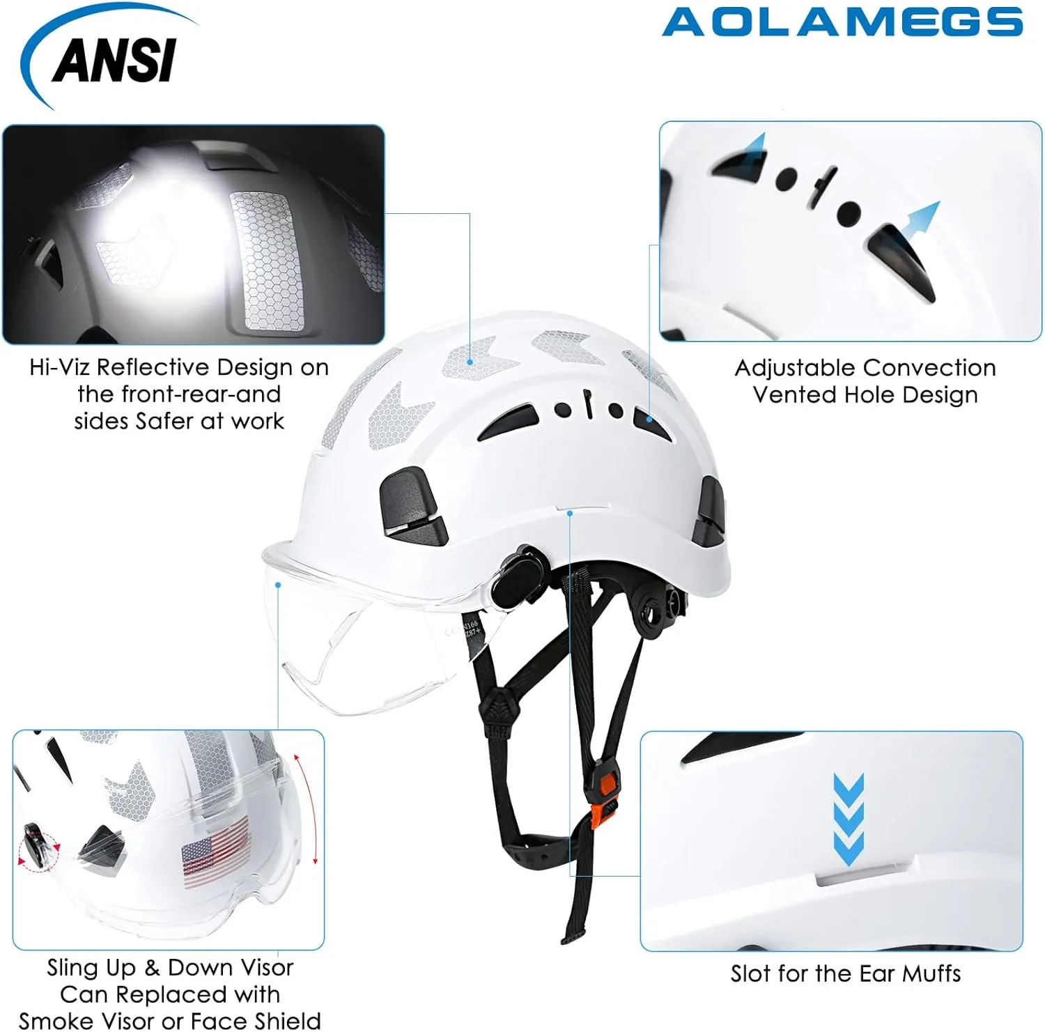 AOLAMEGS Construction Safety Hard Hat - ANSI Z89.1 Type Ι OSHA Approved Safety Helmets with Chin Straps Lightweight Reflective Vented ABS Hard Hats For Men Women Industrial Workwear 6-point Suspension