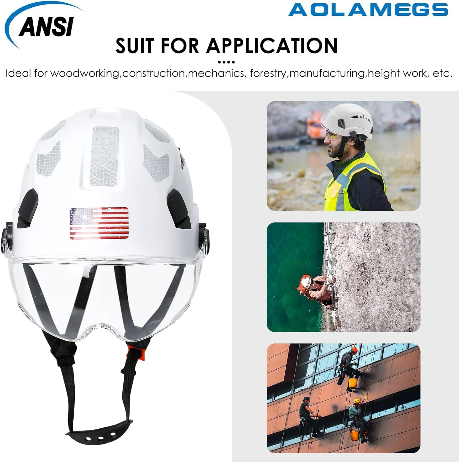 AOLAMEGS Construction Safety Hard Hat - ANSI Z89.1 Type Ι OSHA Approved Safety Helmets with Chin Straps Lightweight Reflective Vented ABS Hard Hats For Men Women Industrial Workwear 6-point Suspension