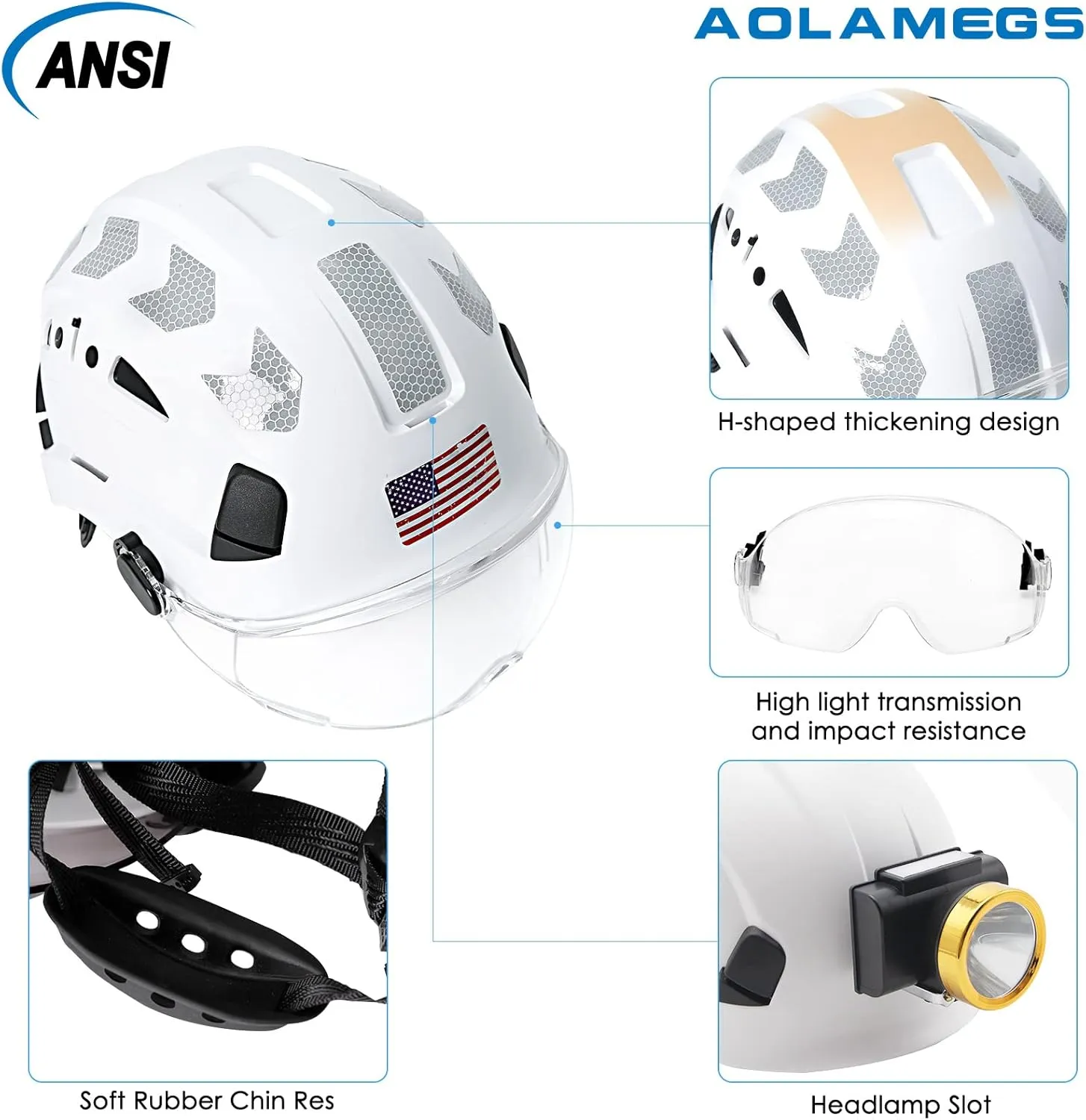 AOLAMEGS Construction Safety Hard Hat - ANSI Z89.1 Type Ι OSHA Approved Safety Helmets with Chin Straps Lightweight Reflective Vented ABS Hard Hats For Men Women Industrial Workwear 6-point Suspension