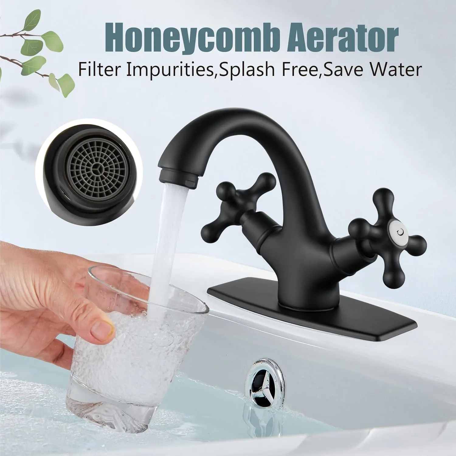 Aolemi Bathroom Sink Faucet Single Hole Cold and Hot Double Handle Cross Knobs Vanity Vessel Sink Basin Mixer Tap with Deck Cover Plate with Pop Up Drain Matte Black
