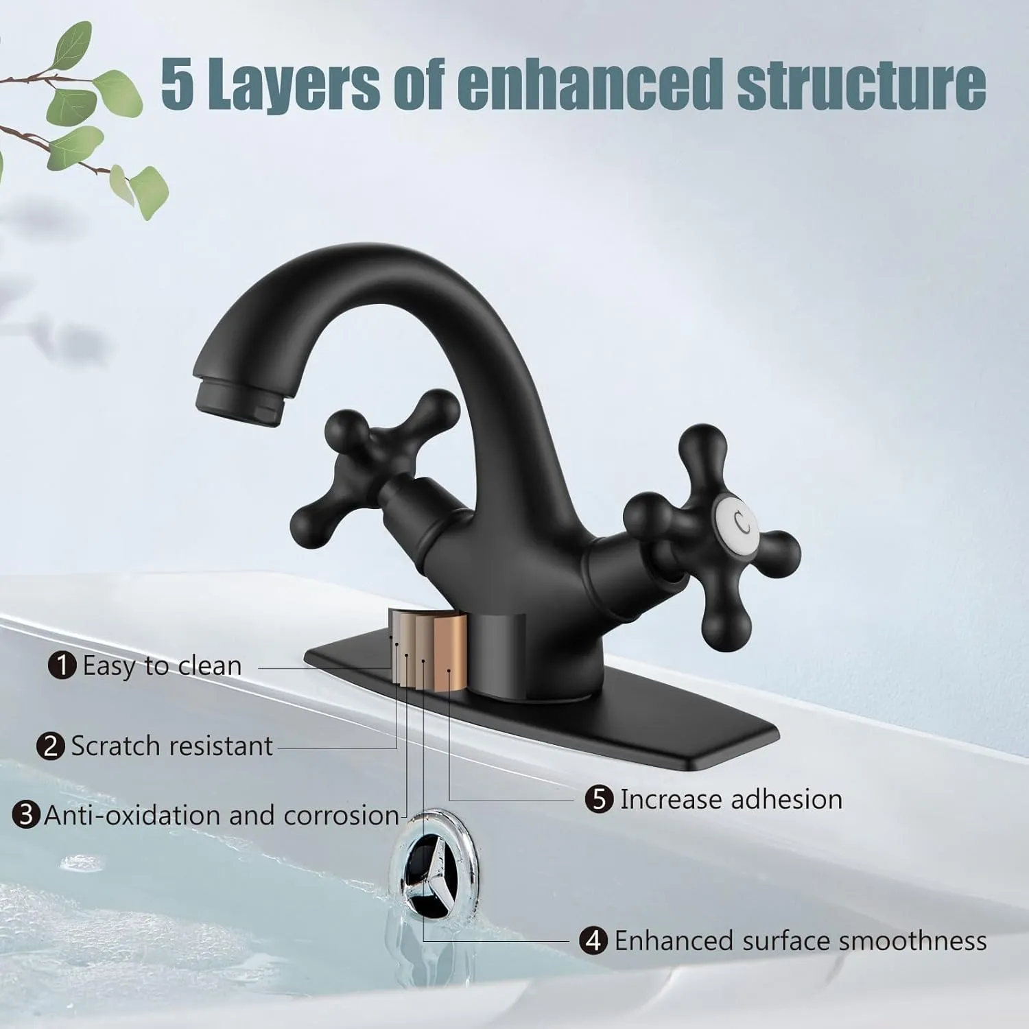 Aolemi Bathroom Sink Faucet Single Hole Cold and Hot Double Handle Cross Knobs Vanity Vessel Sink Basin Mixer Tap with Deck Cover Plate with Pop Up Drain Matte Black