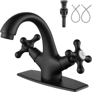 Aolemi Bathroom Sink Faucet Single Hole Cold and Hot Double Handle Cross Knobs Vanity Vessel Sink Basin Mixer Tap with Deck Cover Plate with Pop Up Drain Matte Black