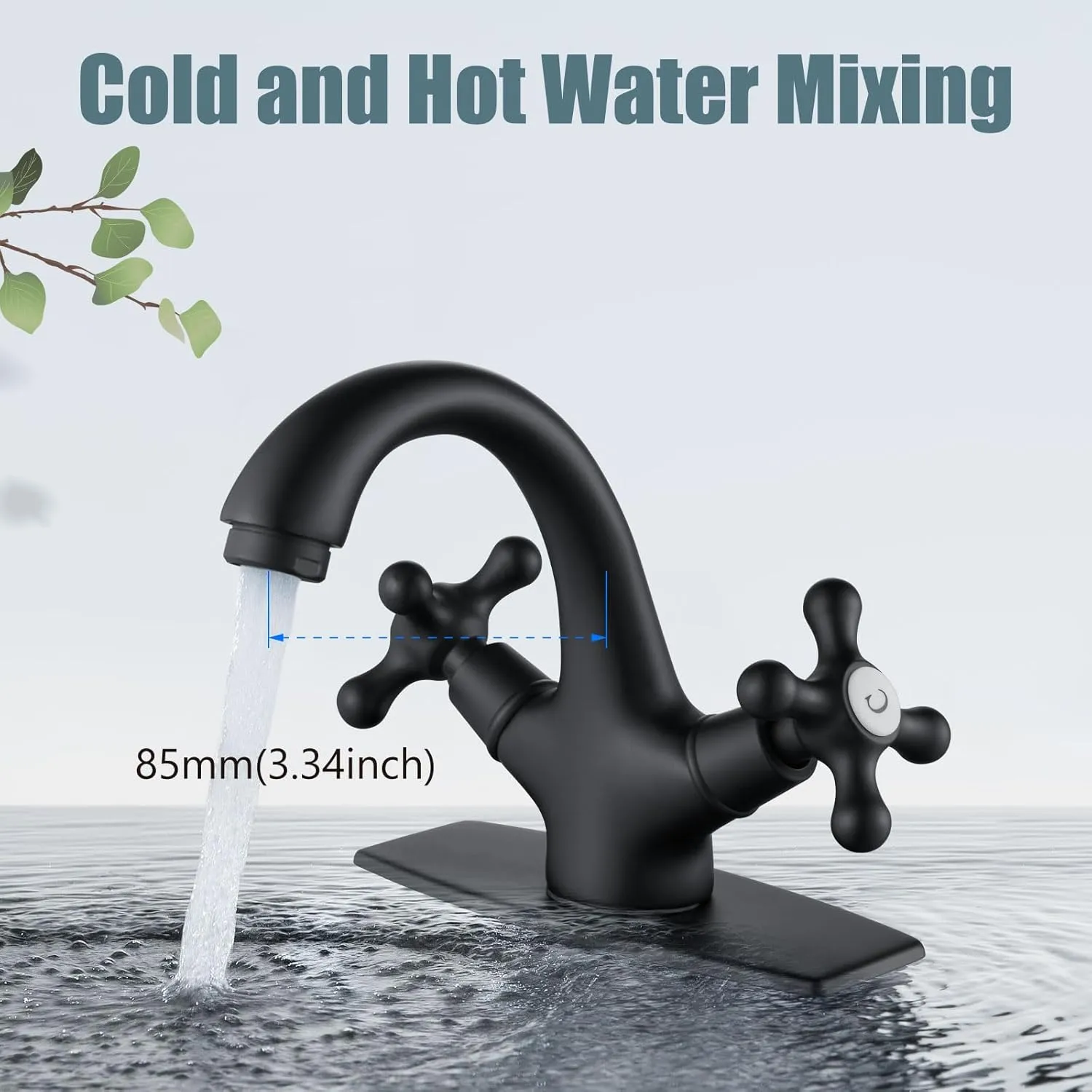 Aolemi Bathroom Sink Faucet Single Hole Cold and Hot Double Handle Cross Knobs Vanity Vessel Sink Basin Mixer Tap with Deck Cover Plate with Pop Up Drain Matte Black