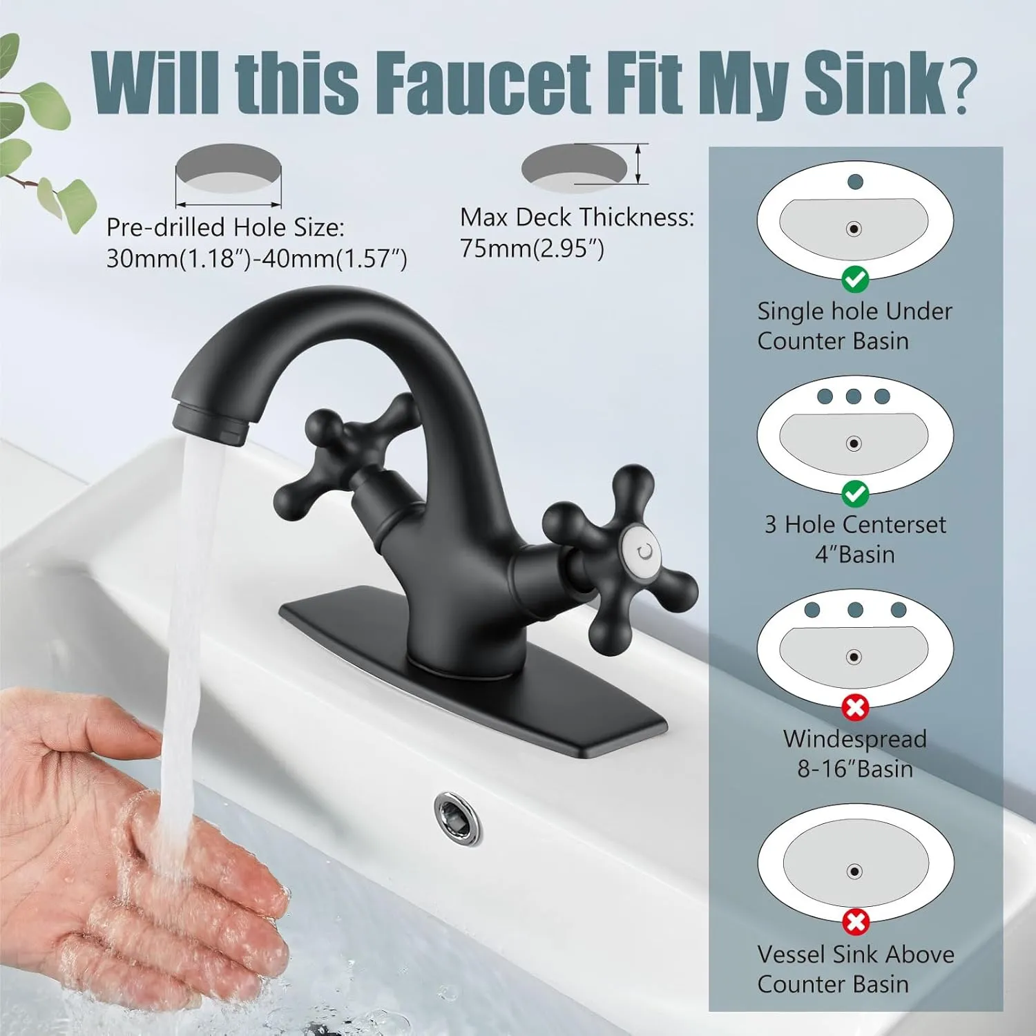 Aolemi Bathroom Sink Faucet Single Hole Cold and Hot Double Handle Cross Knobs Vanity Vessel Sink Basin Mixer Tap with Deck Cover Plate with Pop Up Drain Matte Black