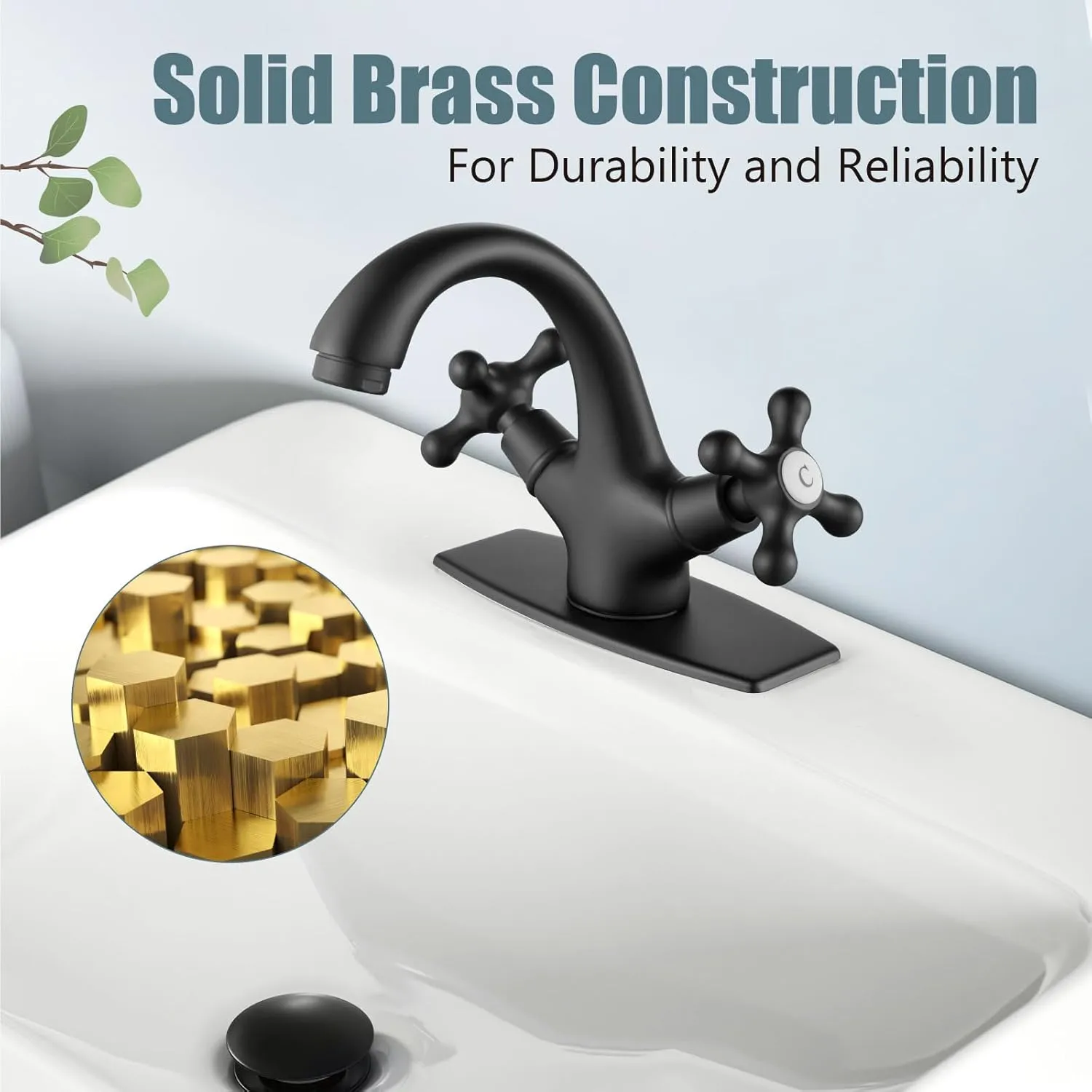 Aolemi Bathroom Sink Faucet Single Hole Cold and Hot Double Handle Cross Knobs Vanity Vessel Sink Basin Mixer Tap with Deck Cover Plate with Pop Up Drain Matte Black
