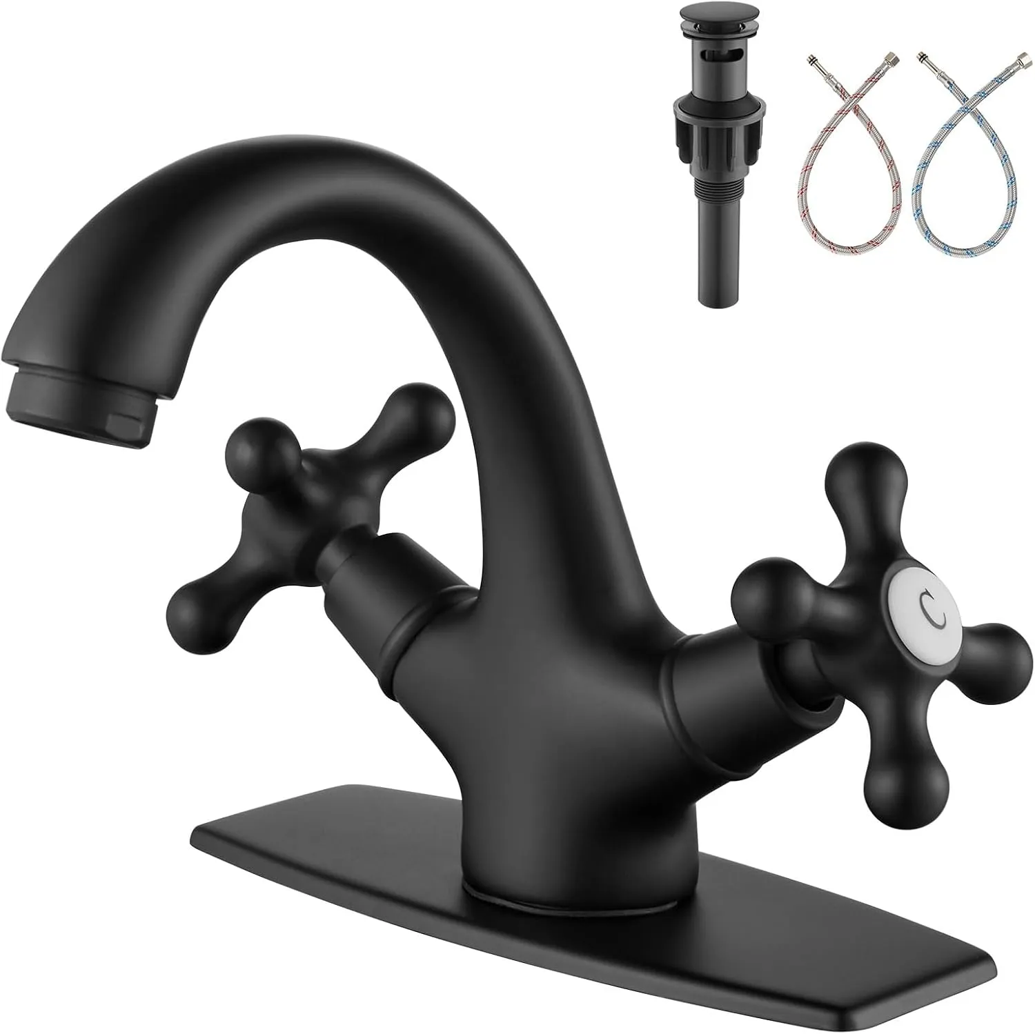Aolemi Bathroom Sink Faucet Single Hole Cold and Hot Double Handle Cross Knobs Vanity Vessel Sink Basin Mixer Tap with Deck Cover Plate with Pop Up Drain Matte Black