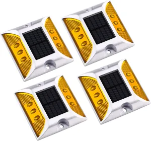 Aolyty Solar Driveway Marker Lights Outdoor, IP68 Waterproof Solar Dock Lights, Bright Warning Flashes Lights Reflective Road Marker for Deck Sidewalk Stair Garden Pathway (Yellow, 4 Pack)