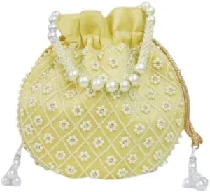 AOU Potli | Polysilk Handbags for women | Embroidered Women Potli Bag | Traditional Indian Potli Bags | Return gifts for wedding (Yellow)