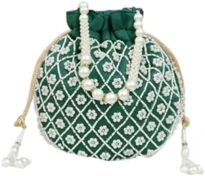 AOU Potli | Polysilk Handbags for women | Embroidered Women Potli Bag | Traditional Indian Potli Bags | Wedding (Green)