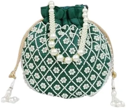 AOU Potli | Polysilk Handbags for women | Embroidered Women Potli Bag | Traditional Indian Potli Bags | Wedding (Green)