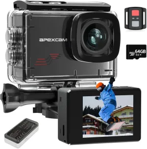 Apexcam Action Camera 4K with 64GB Card, HD 60FPS 48MP Sports Camera for Vlogging, 40M Waterproof Camera Underwater, 170 ° Wide Angle WiFi Camcorder, 8X Zoom, Remote Control, Helmet Mount Accessories