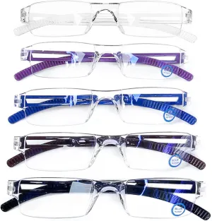 AQWANO 5Pack Rimless Reading Glasses Computer Blue Light Blocking Clear Frame Readers Anti Glare Filter Lightweight for Women Men,1.0