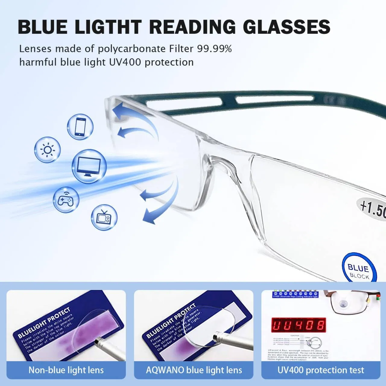 AQWANO Rimless Computer Reading Glasses Blue Light Blocking, 5 Pack Fashion Clear Frame Readers for Women Men Lightweight & Comfortable Anti Glare, 1.0