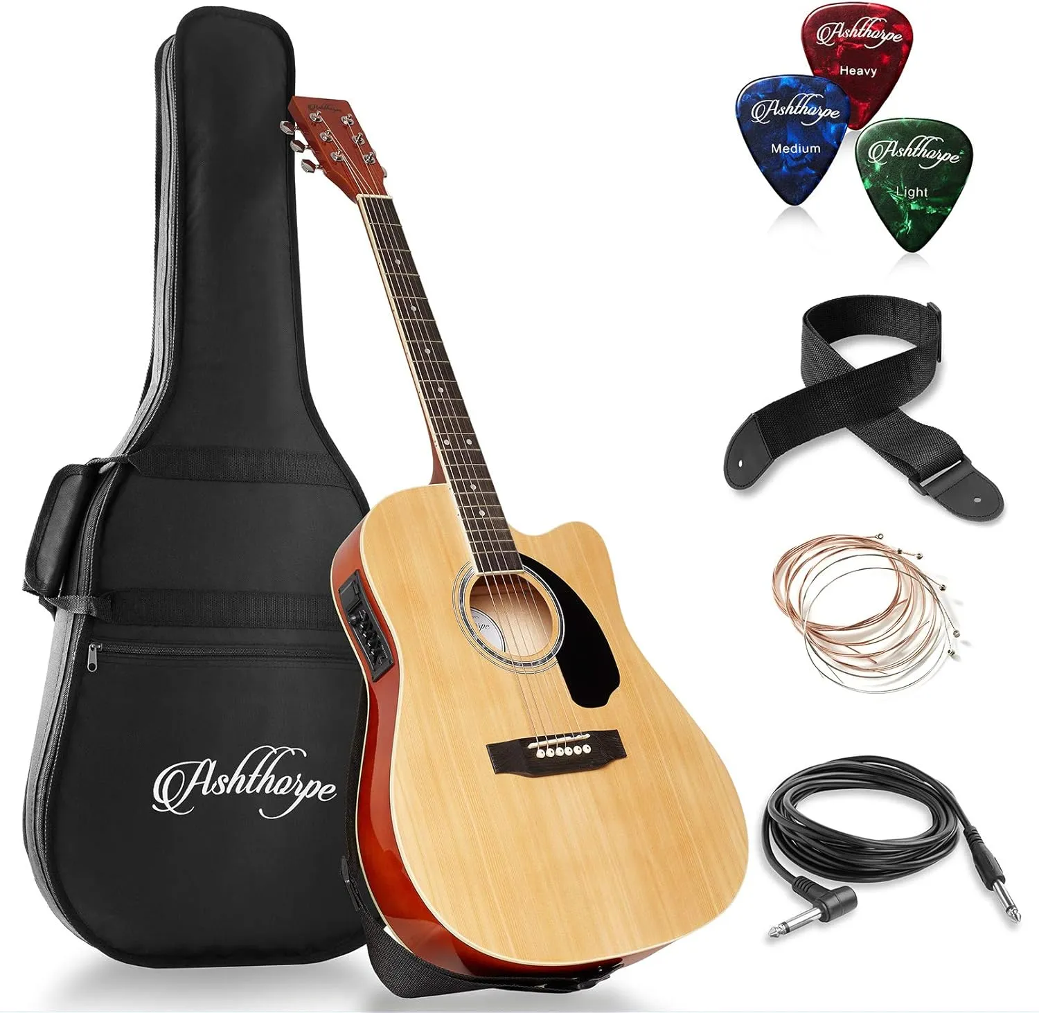 Ashthorpe Full-Size Cutaway Thinline Acoustic-Electric Guitar Package - Premium Tonewoods - Natural