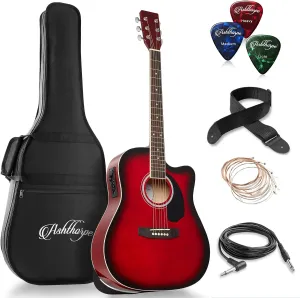 Ashthorpe Full-Size Dreadnought Cutaway Acoustic-Electric Guitar Bundle - Premium Tonewoods - Red