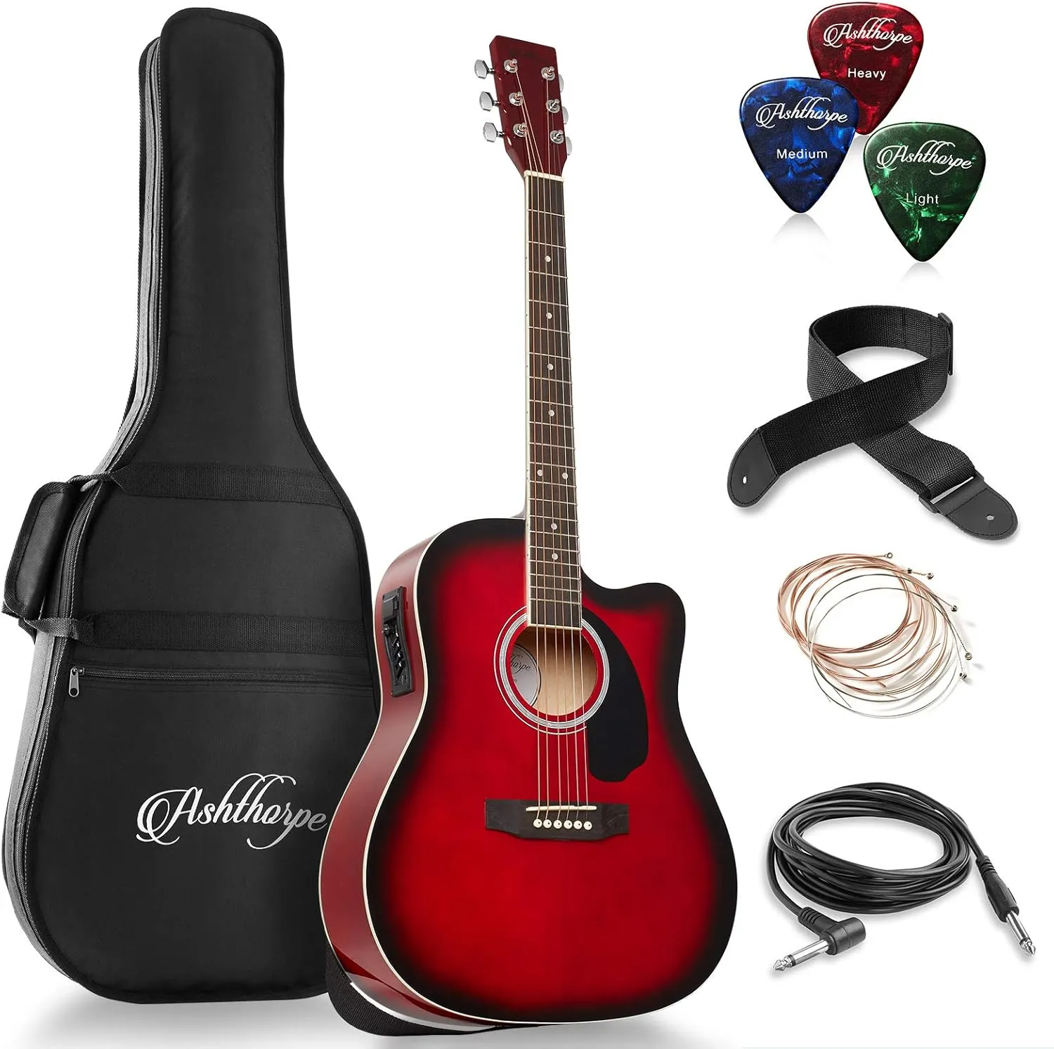 Ashthorpe Full-Size Dreadnought Cutaway Acoustic-Electric Guitar Bundle - Premium Tonewoods - Red