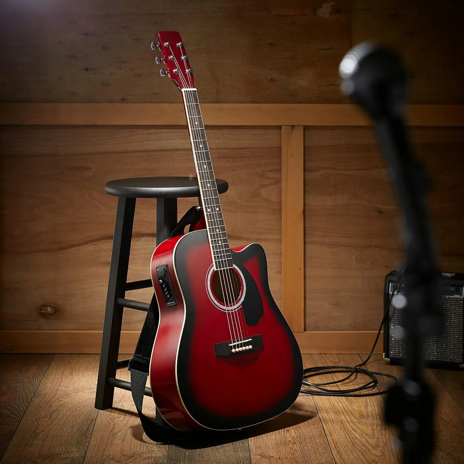 Ashthorpe Full-Size Dreadnought Cutaway Acoustic-Electric Guitar Bundle - Premium Tonewoods - Red