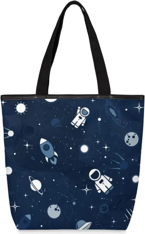 Astronaut Space Shuttle Canvas Tote Bag for Women Shoulder Bag Canvas Handbags Purse with Zipper Pockets College Book Tote Bag Work Totebag