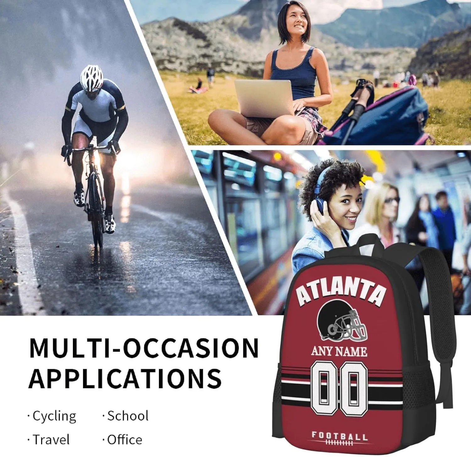 Atlanta Backpack Custom Football Sport Backpacks, Customized Personalized Name And Number Backpack Travel Bag Gifts For Fans Men Women 17in