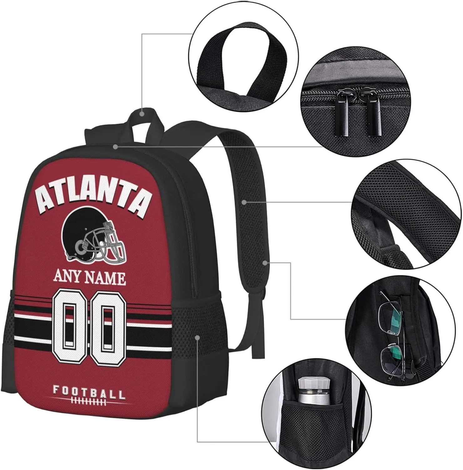 Atlanta Backpack Custom Football Sport Backpacks, Customized Personalized Name And Number Backpack Travel Bag Gifts For Fans Men Women 17in