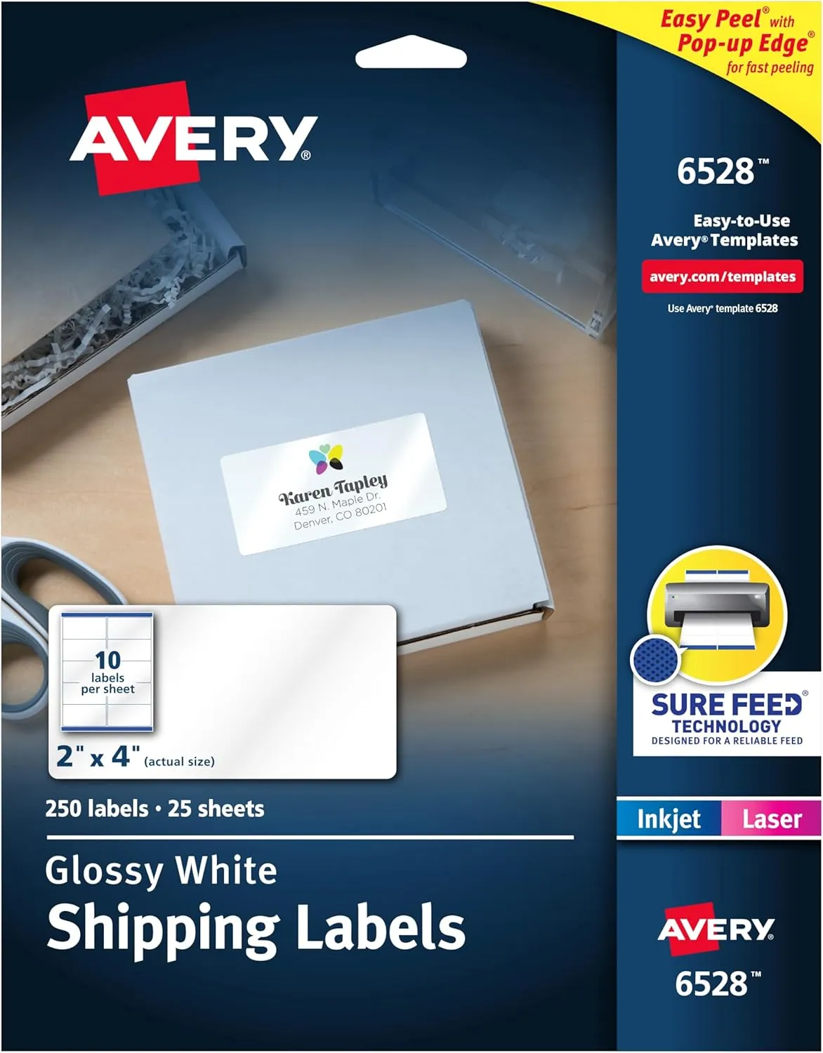 Avery Shipping Labels, Sure Feed and Easy Peel Technology, Glossy White Labels, 2" x 4", Permanent Adhesive, Laser/Inkjet, 250 Total (6528)