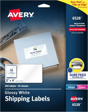 Avery Shipping Labels, Sure Feed and Easy Peel Technology, Glossy White Labels, 2" x 4", Permanent Adhesive, Laser/Inkjet, 250 Total (6528)