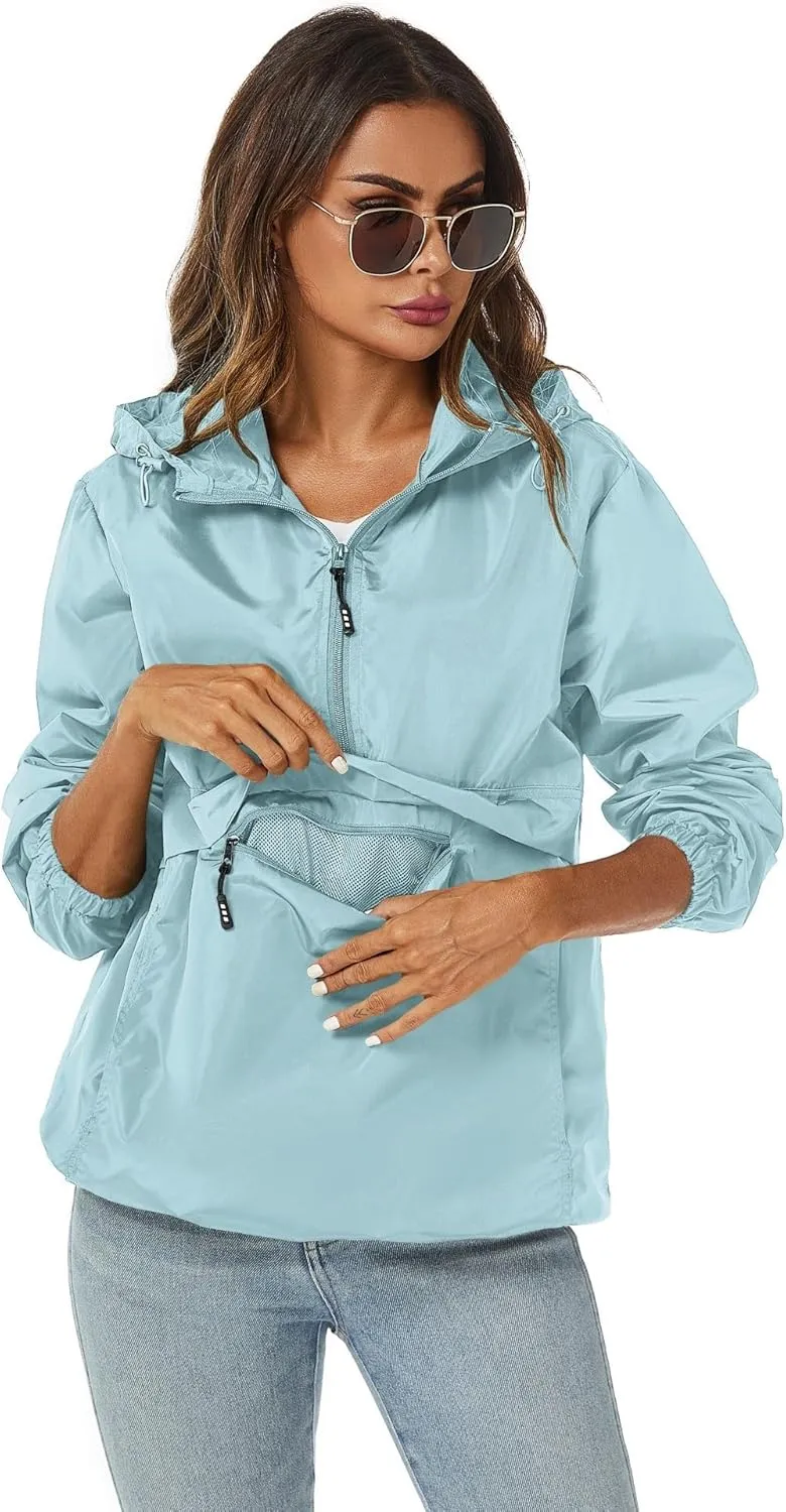 Avoogue Womens Rain Jacket with Hood,Pullover,Packable,Lightweight,Windbreaker,Waterproof,Breathable.