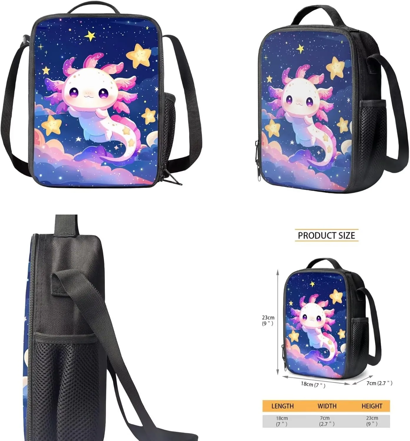 Axolotl Backpack with Lunch Box Kids Girls Star Backpack Set Backpack for School Girls Book Bags for Kids Kawaii Bookbag for Kids Bookbag Girls Lightweight 3Pcs Set