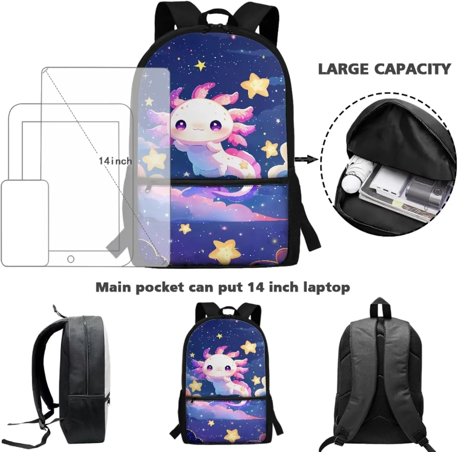 Axolotl Backpack with Lunch Box Kids Girls Star Backpack Set Backpack for School Girls Book Bags for Kids Kawaii Bookbag for Kids Bookbag Girls Lightweight 3Pcs Set