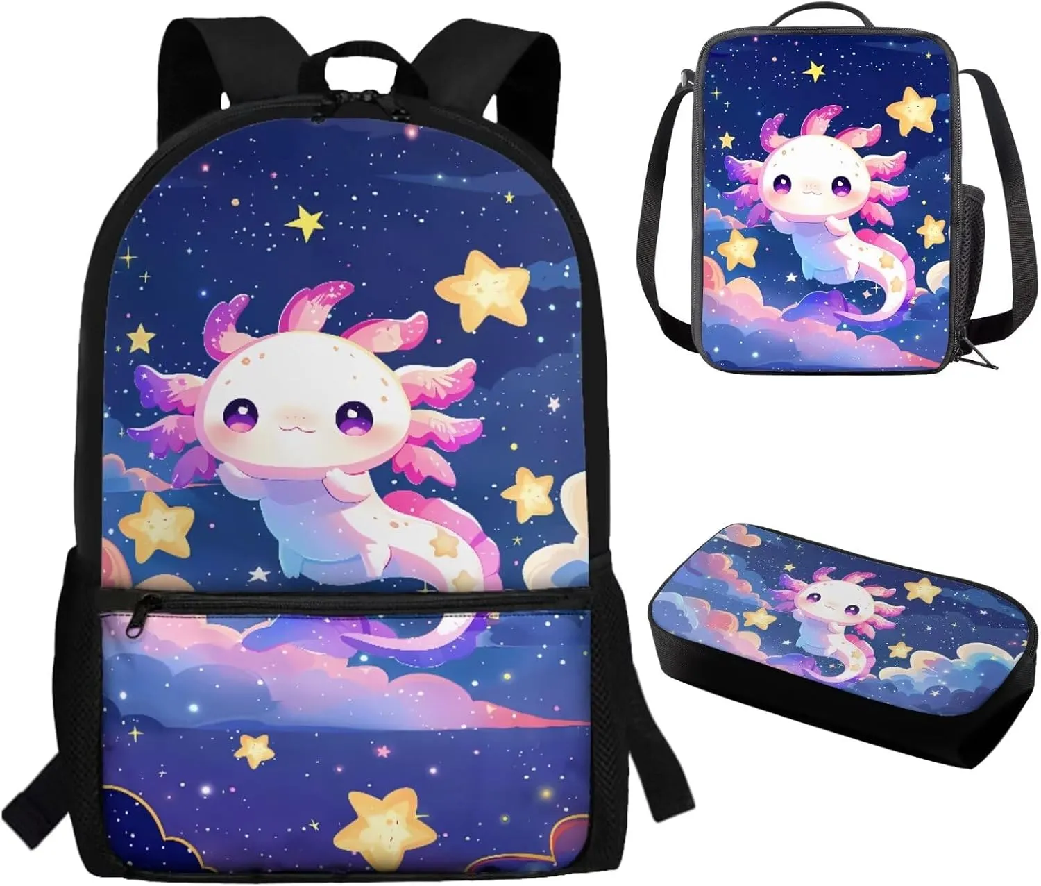Axolotl Backpack with Lunch Box Kids Girls Star Backpack Set Backpack for School Girls Book Bags for Kids Kawaii Bookbag for Kids Bookbag Girls Lightweight 3Pcs Set