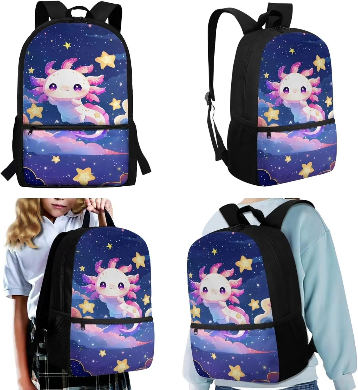 Axolotl Backpack with Lunch Box Kids Girls Star Backpack Set Backpack for School Girls Book Bags for Kids Kawaii Bookbag for Kids Bookbag Girls Lightweight 3Pcs Set