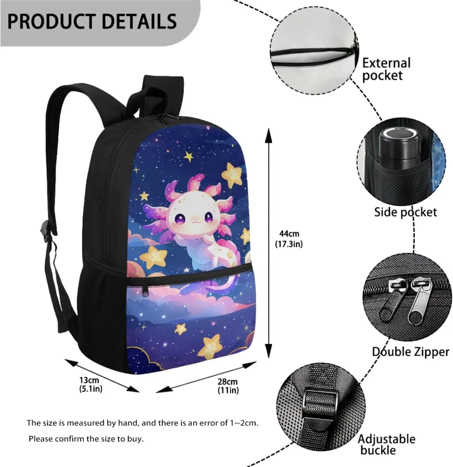 Axolotl Backpack with Lunch Box Kids Girls Star Backpack Set Backpack for School Girls Book Bags for Kids Kawaii Bookbag for Kids Bookbag Girls Lightweight 3Pcs Set