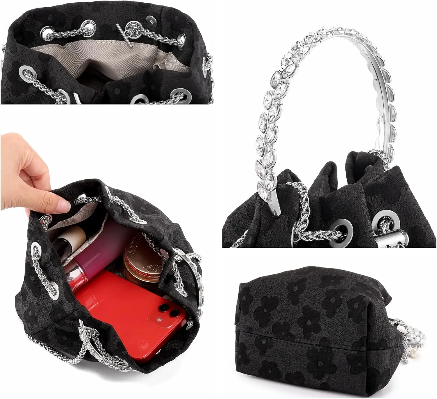 Ayliss Women Evening Handbag Mini Clutch Rhinestone Pouch Crossbody Handbag Purse Top Handle Floral Shoulder Bag Prom