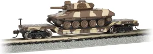 Bachmann Trains - 52' Center-Depressed Flat CAR with Sheridan Tank - Desert CAMO - N Scale