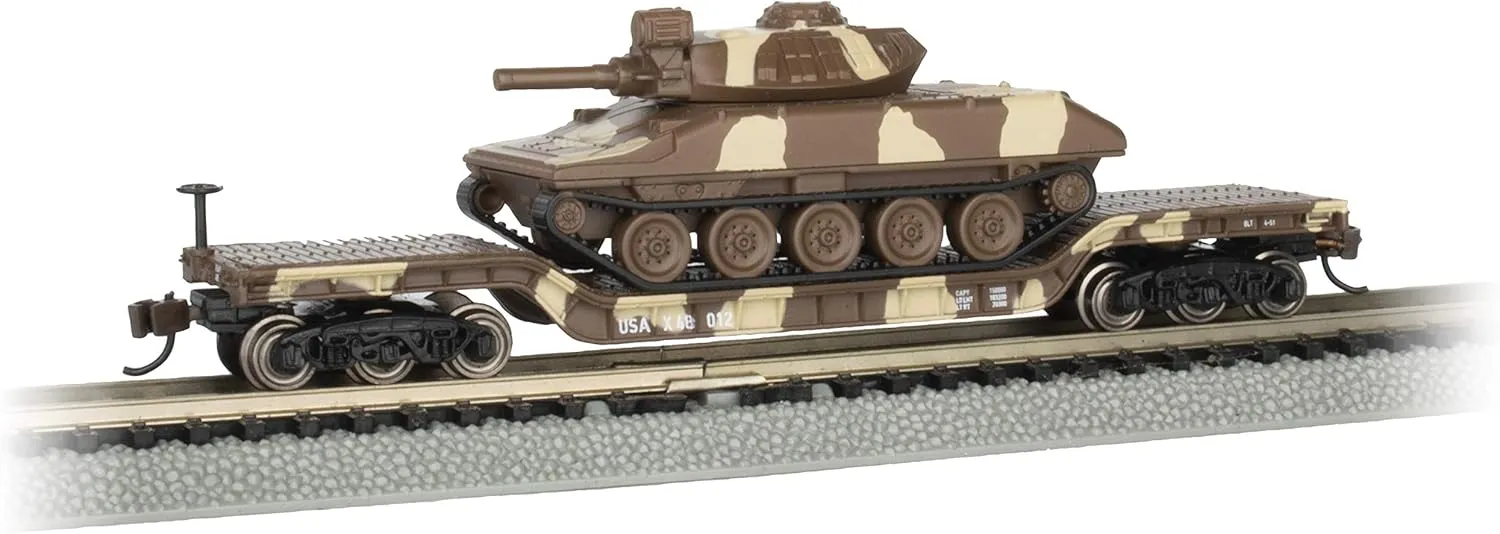 Bachmann Trains - 52' Center-Depressed Flat CAR with Sheridan Tank - Desert CAMO - N Scale