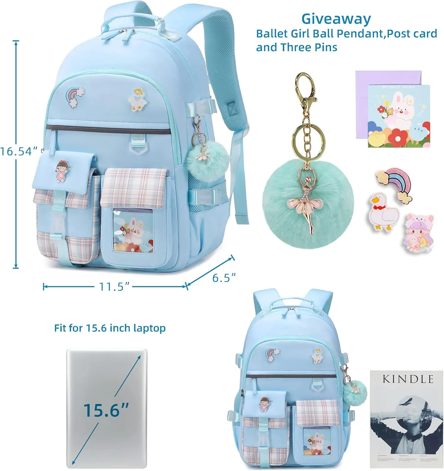 Backpack for Girls, 15.6 Inch Laptop School Bag Kids Kindergarten Elementary College Backpacks Large Bookbags for Teen Girl Women Students Casual Travel Daypacks (Blue)