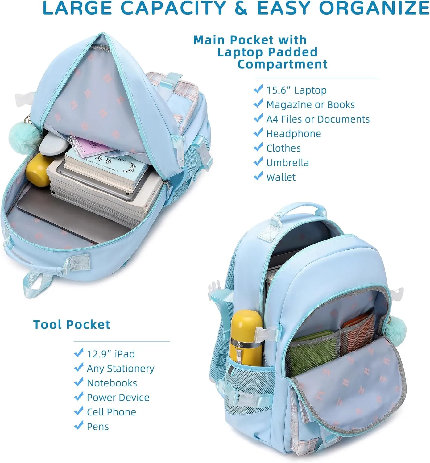 Backpack for Girls, 15.6 Inch Laptop School Bag Kids Kindergarten Elementary College Backpacks Large Bookbags for Teen Girl Women Students Casual Travel Daypacks (Blue)