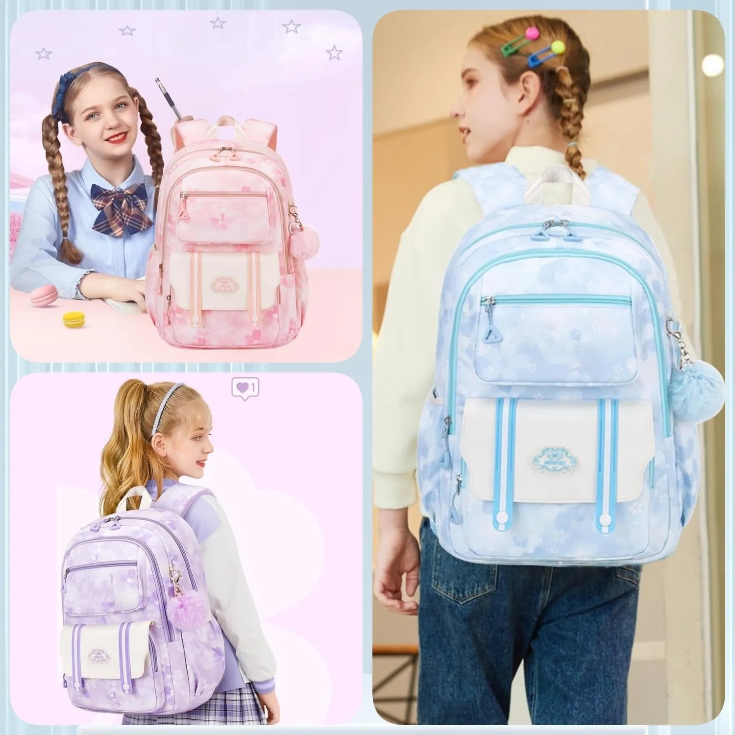Backpack for Girls with Chest Buckle Water Resistant School Bag Kids Bookbag for Elementary School, 02-blue