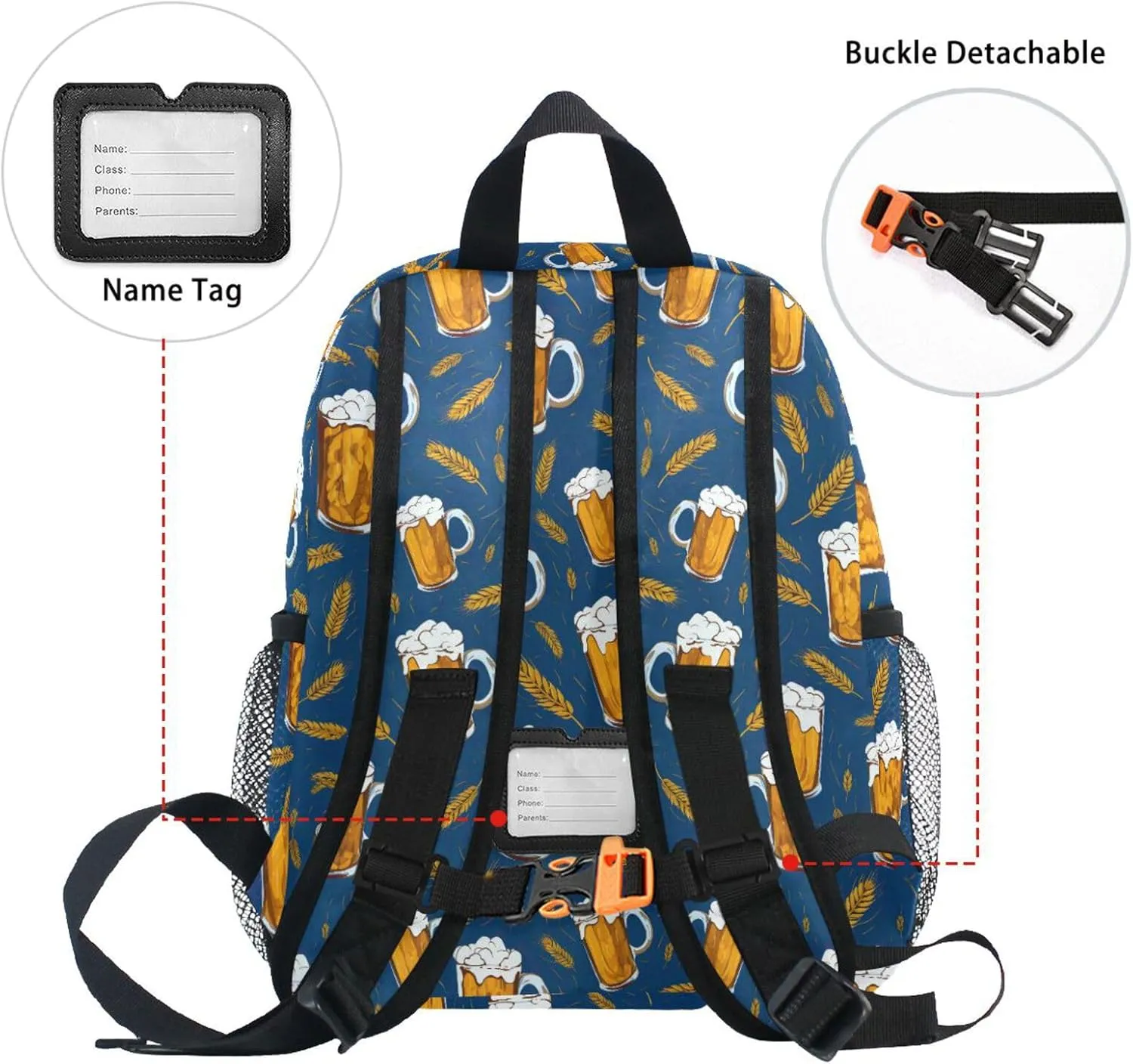 Backpack for Toddler Boys Girls Beer Wheat Blue Pattern Lightweight Mini Shoulder Bag Casual Daypack Rucksack for Kindergarten Preschool Nursery Outdoor Travel Age 3-8 M