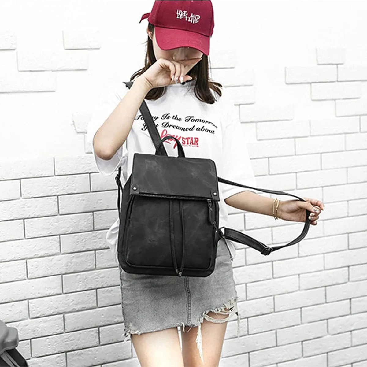 Backpacks and Purses for Women Waterproof Anti-theft Lightweight PU Leather Nylon Shoulder Bag Travel Rucksack, Black, One Size