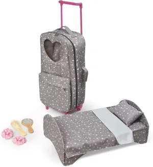 Badger Basket Travel and Tour Trolley Carrier Set for 18-Inch Dolls with Folding Bed and Accessories – Gray Stars