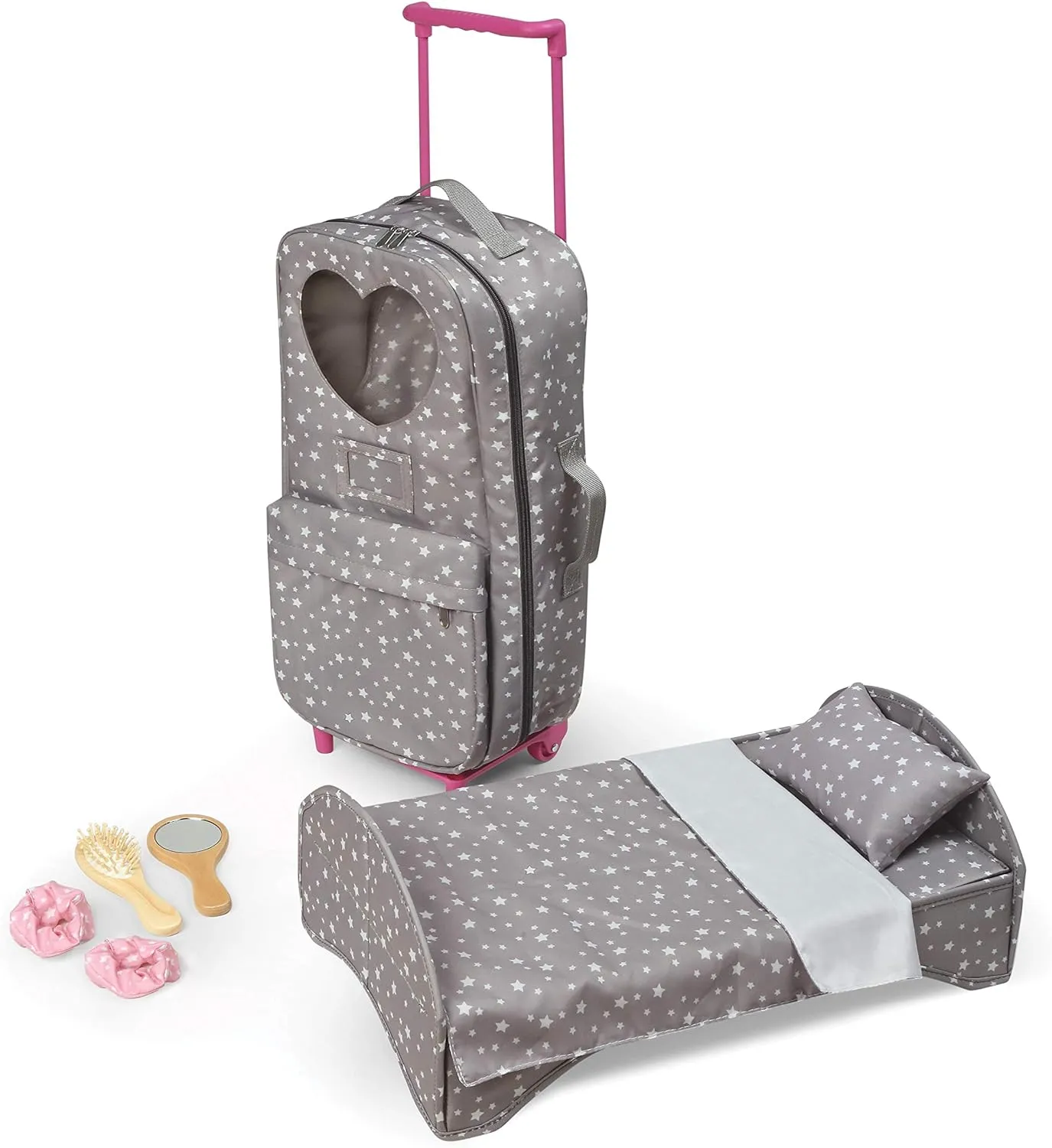 Badger Basket Travel and Tour Trolley Carrier Set for 18-Inch Dolls with Folding Bed and Accessories – Gray Stars