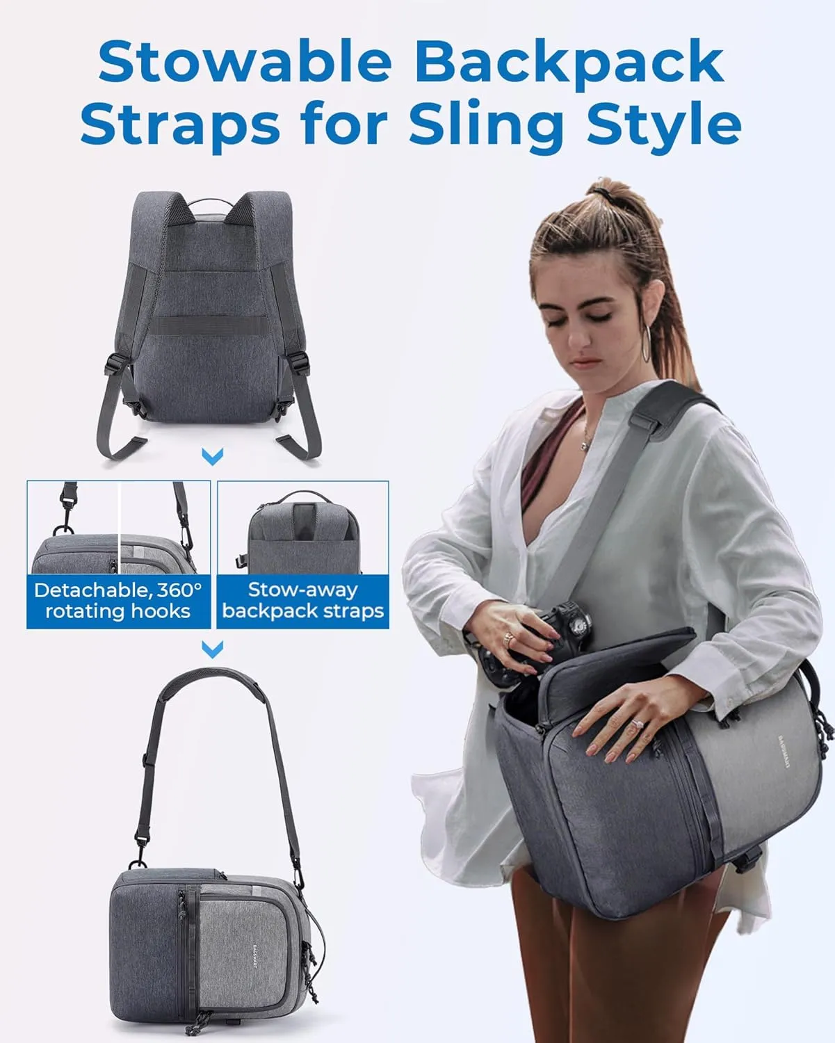 BAGSMART Camera Backpack, DSLR SLR Small Camera Bags for Photographers Compatible for Sony Canon Nikon, Shoulder Strap 2-in-1 Travel Backpack Fits 12.9" iPad, Gray