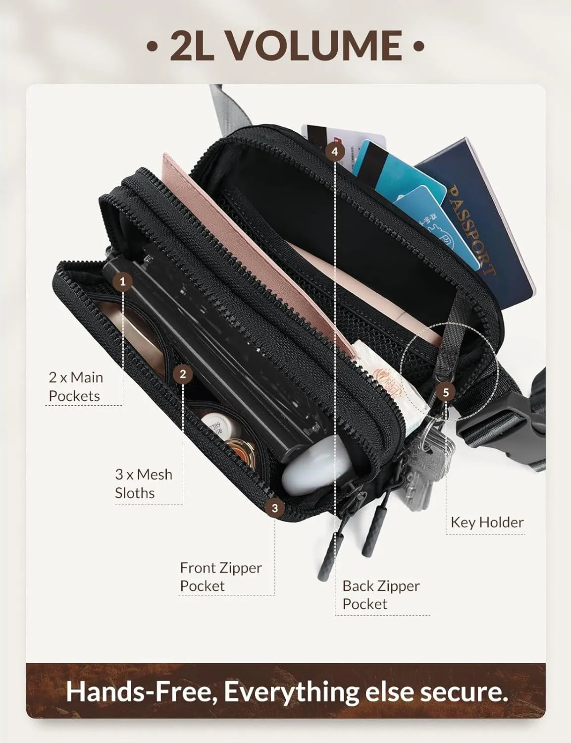 BALEAF Belt Bag Women Fanny Packs Crossbody Fashion Waist Pack Water Resistant Adjustable Strap 2L Black