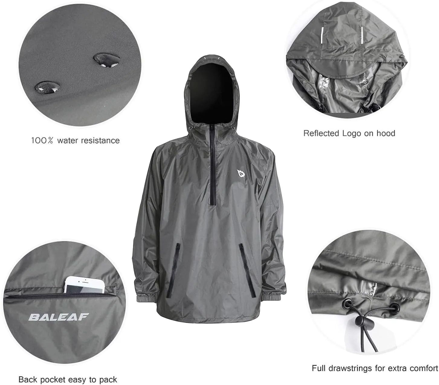 baleaf Men's Light Running Hiking Rain Jacket Waterproof with Hood Windbreaker Pullover Coats Hoodie Packable