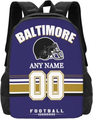 Baltimore Backpack Custom Football Sport Backpacks, Customized Personalized Name And Number Backpack Travel Bag Gifts For Fans Men Women 17in