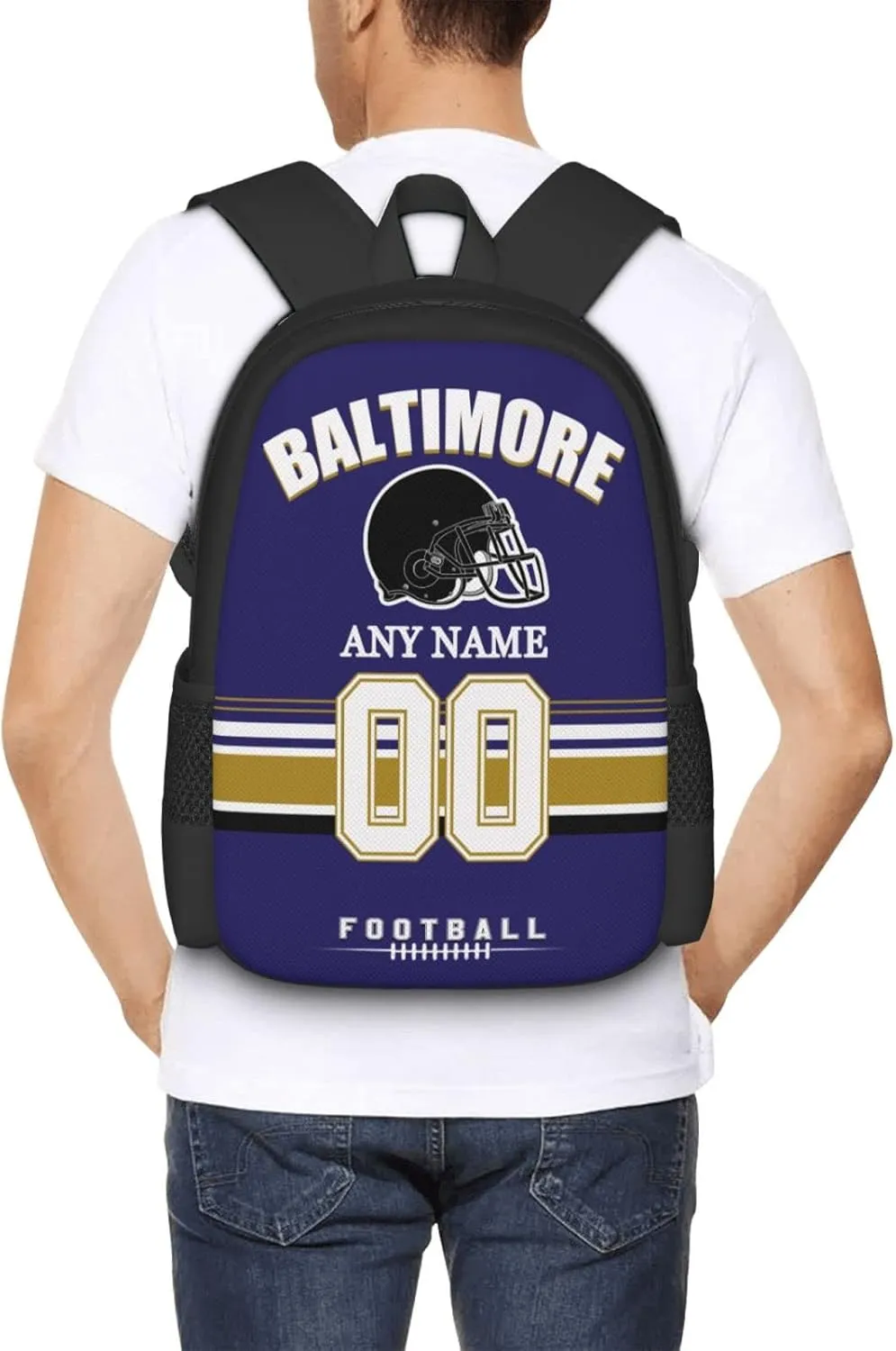 Baltimore Backpack Custom Football Sport Backpacks, Customized Personalized Name And Number Backpack Travel Bag Gifts For Fans Men Women 17in