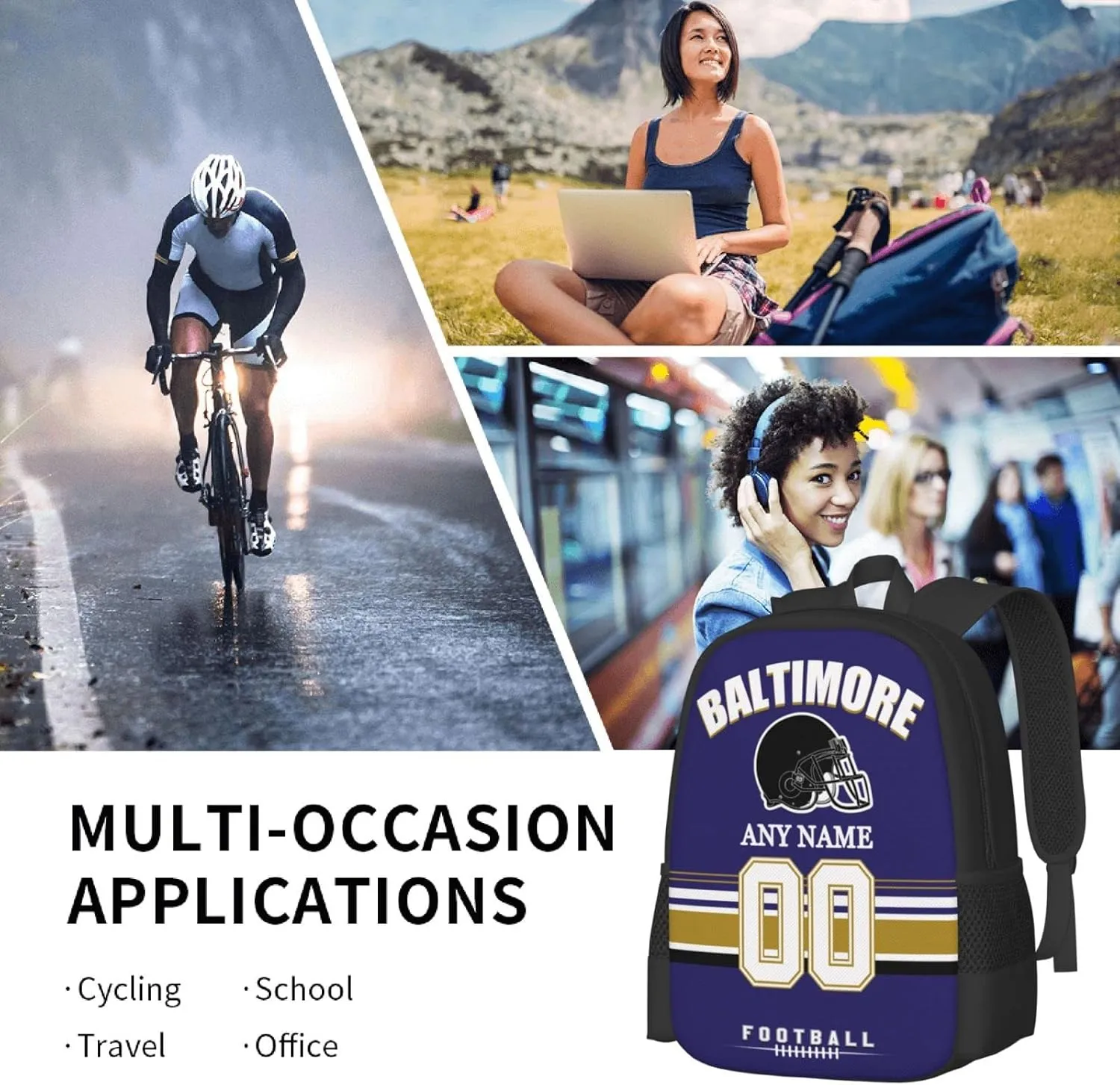 Baltimore Backpack Custom Football Sport Backpacks, Customized Personalized Name And Number Backpack Travel Bag Gifts For Fans Men Women 17in