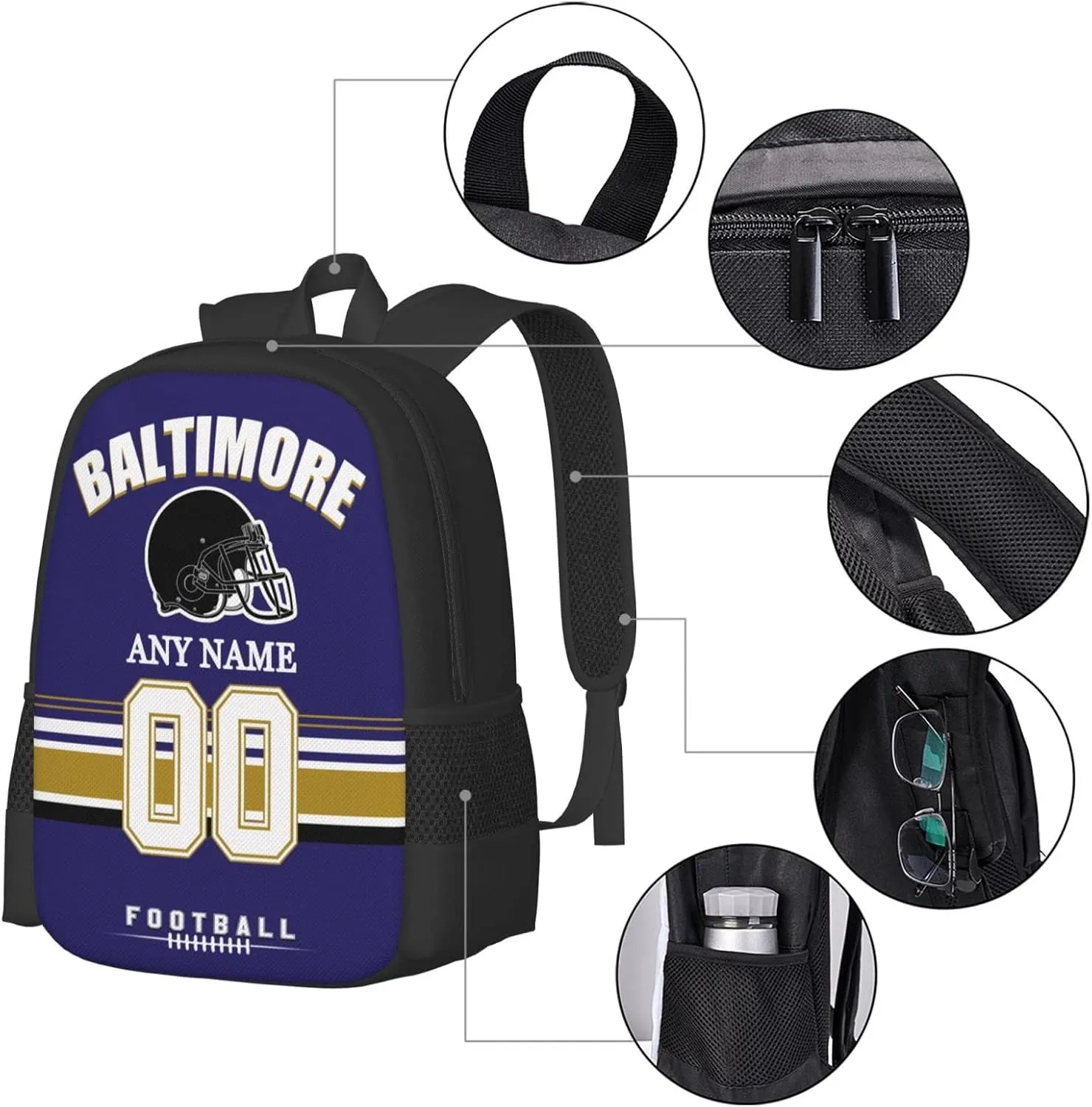 Baltimore Backpack Custom Football Sport Backpacks, Customized Personalized Name And Number Backpack Travel Bag Gifts For Fans Men Women 17in